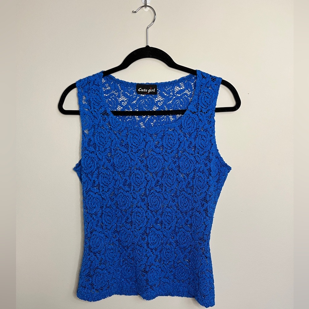 Y2K blue stretch lace tank top